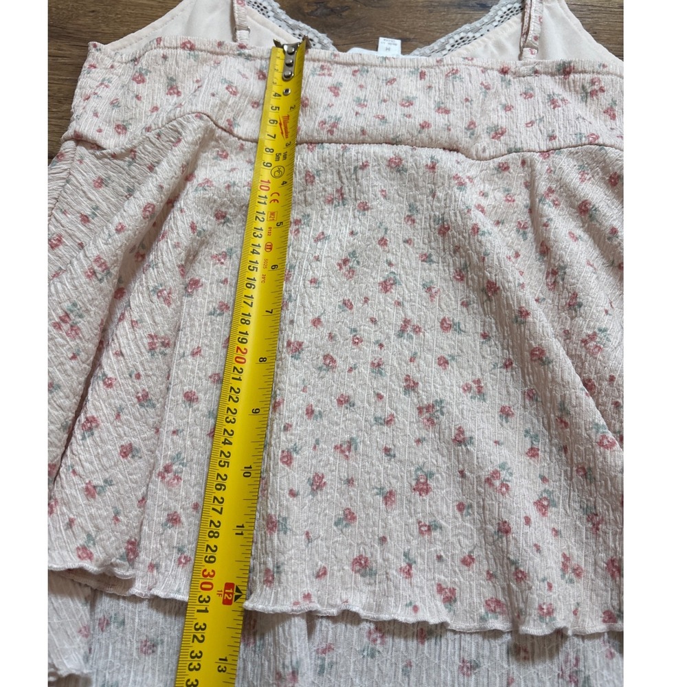 Pink Rose Floral Babydoll Cami Top Pink Cream Lace Trim Lettuce Edge Womens M - Picture 6 of 7